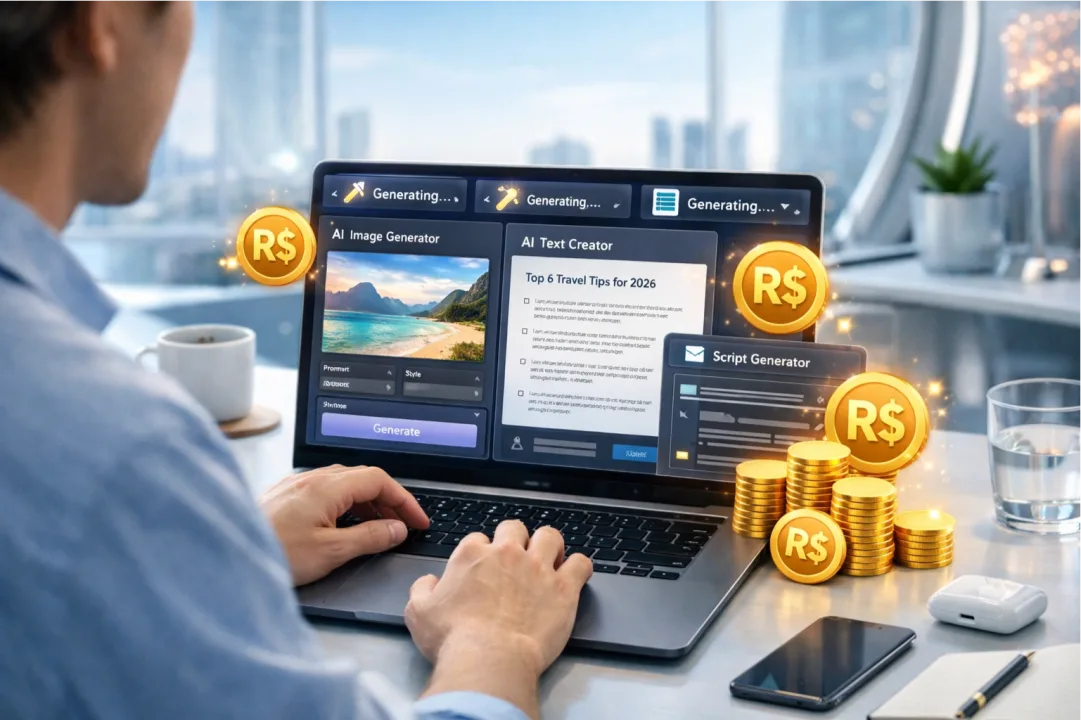 Representação visual de ameaças digitais como ransomware e phishing sendo bloqueadas por um sistema de segurança de inteligência artificial em um ambiente futurista.